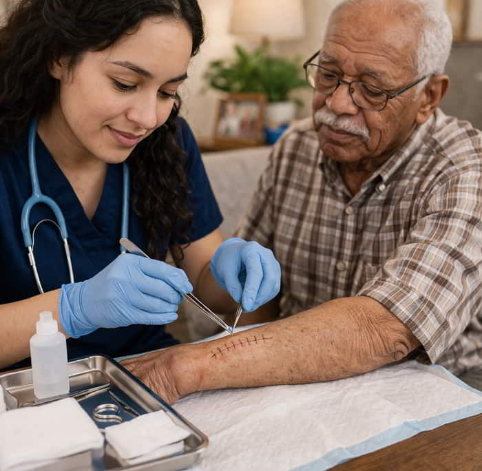 Enfermera realizando suturación a domicilio a un adulto mayor en Trujillo