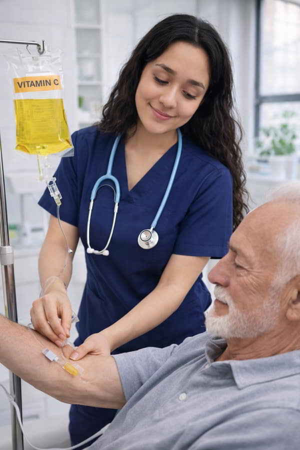 Aplicación de tratamiento intravenoso a adulto mayor en casa