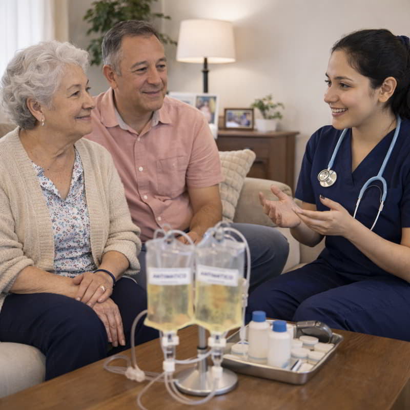 Enfermera con paciente en manejo de antibióticos prescritos a domicilio